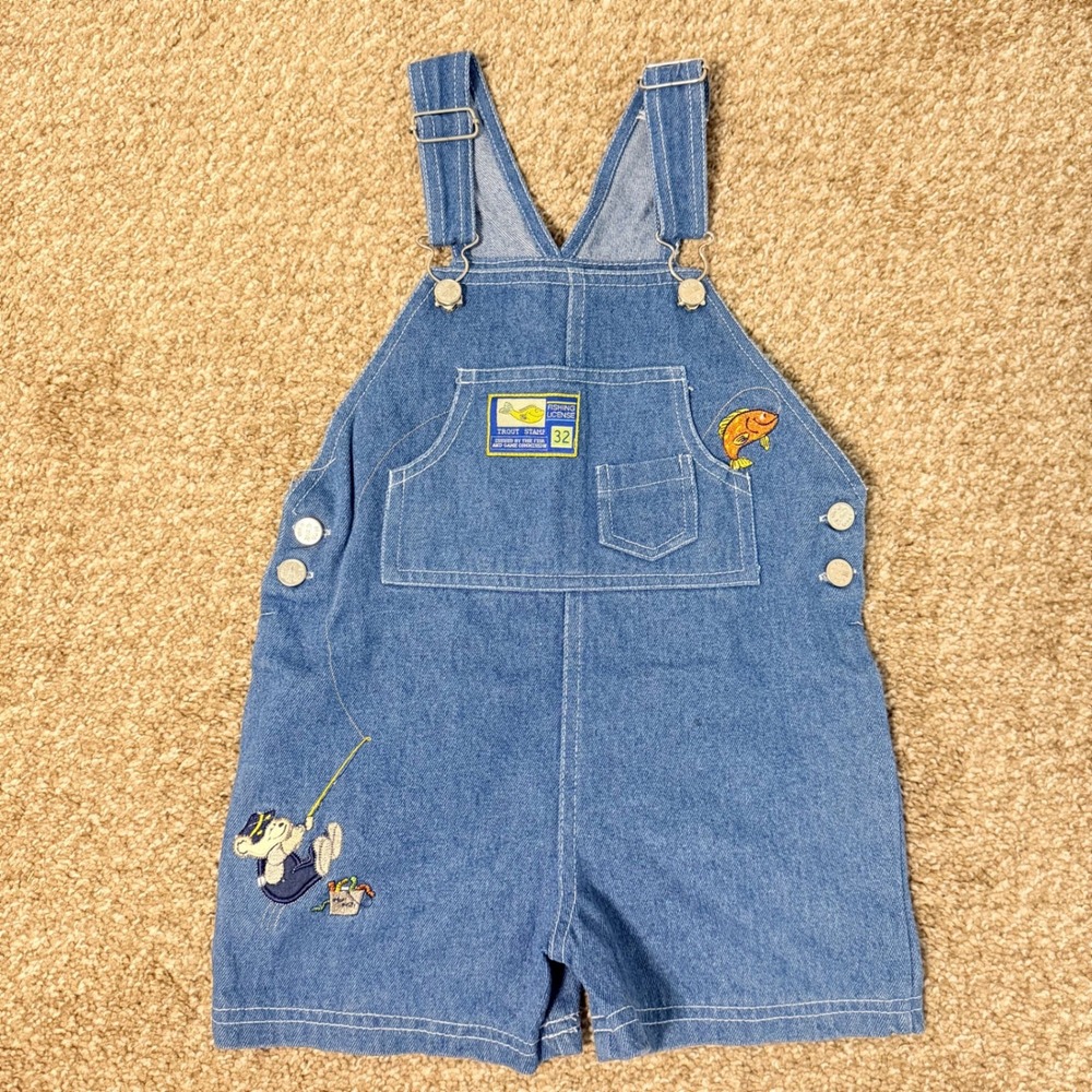 VTG Wee Fish Y2K Fishing Overalls Teddy Bear 90s One Piece Toddler SZ 2T
